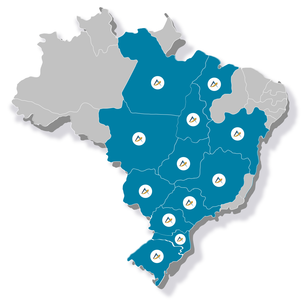 Ilustração mapa do Brasil com estados atendidos pela Alfameta
